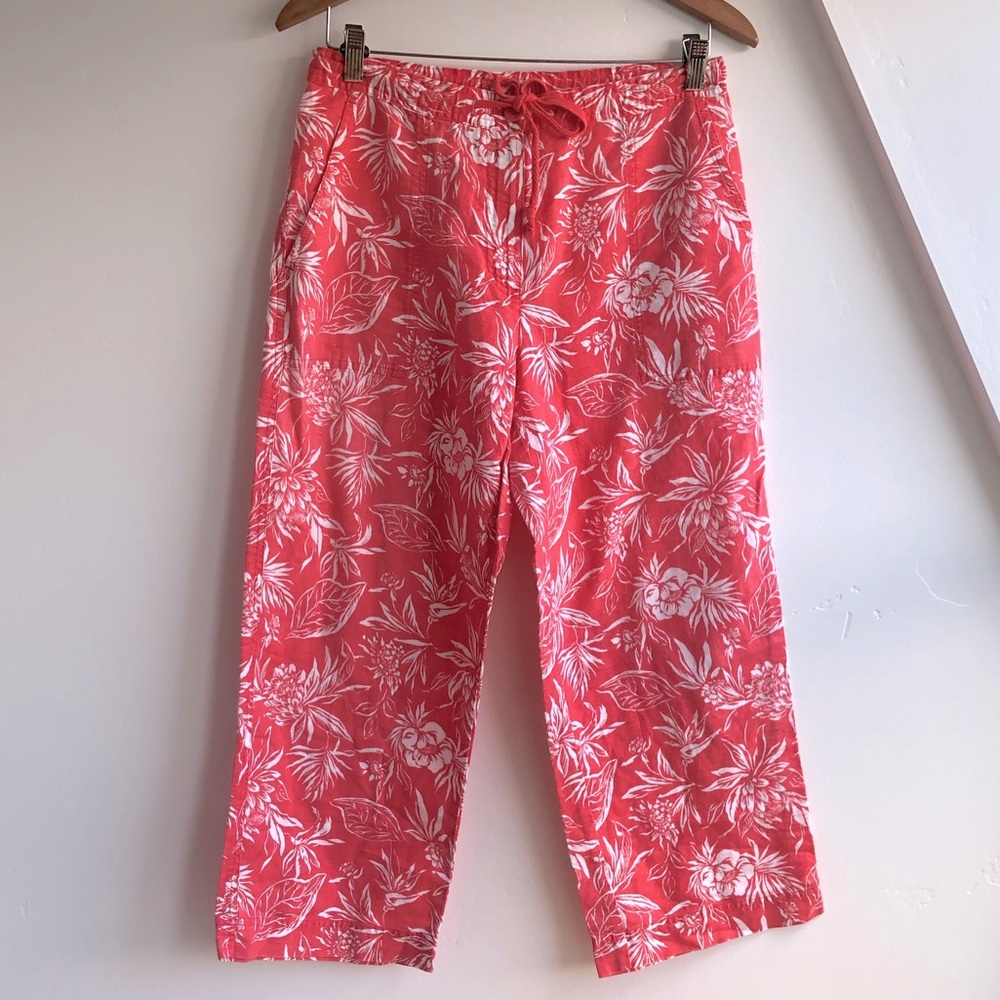 Jones New York Linen Crop Tropical Print Floral Hawaiian Wide Leg Pants Sz 8